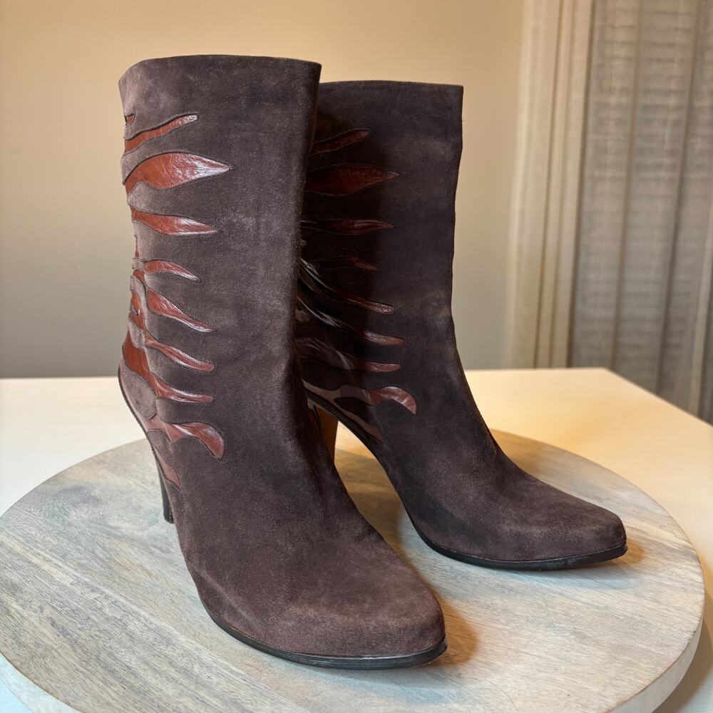 Andrea Pfister Vintage Italy Brown Suede Leather Cutout Flame Boots 38 US 8
